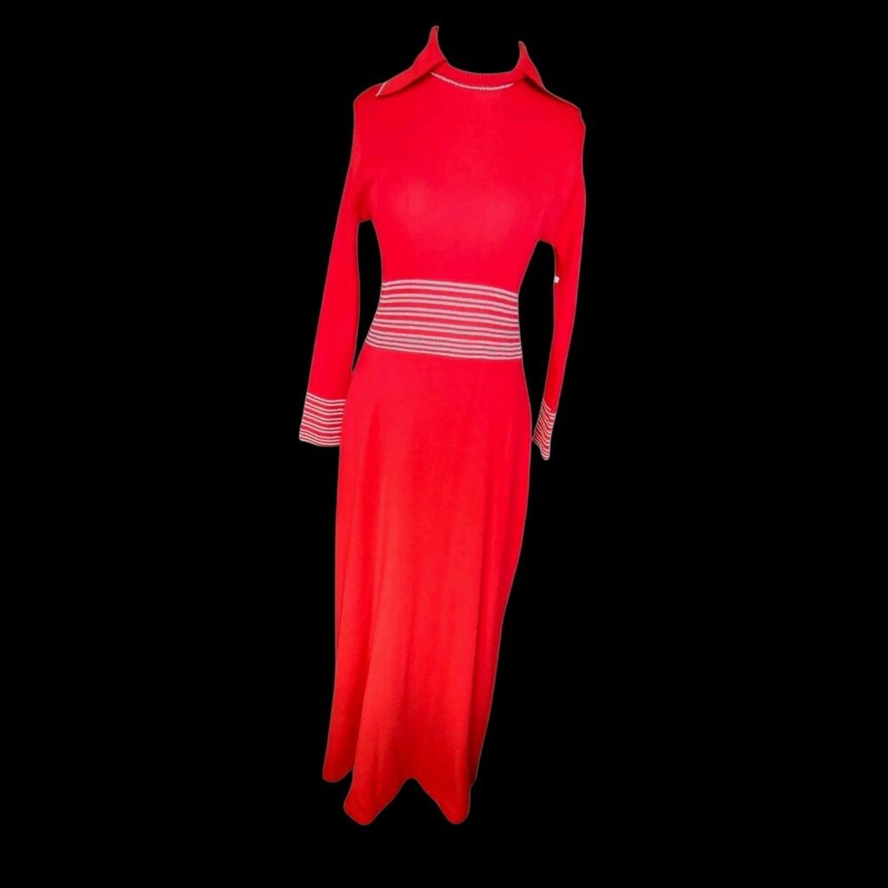70s Red Collared Longsleeve Knit Dress Stretch Long Disco Sz 10 12 VTG Ribbed